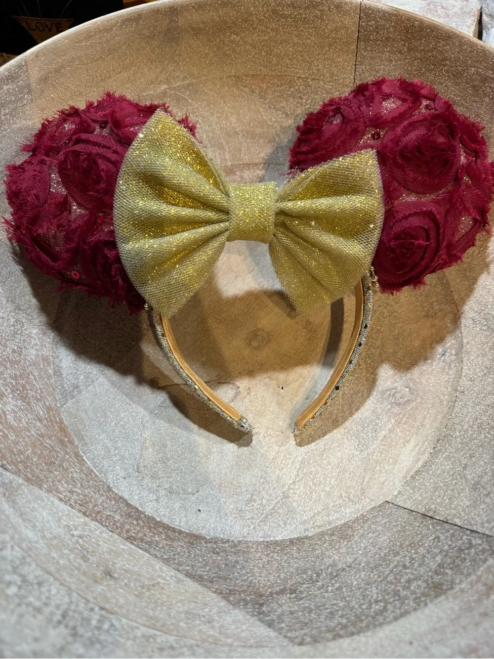 Gold Bow Headband with Burgundy Floral Ears - Kids Accessories